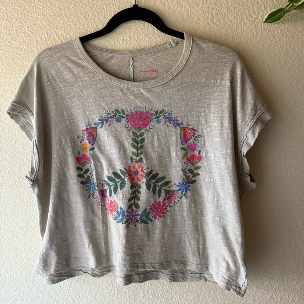 NATURAL LIFE Peace Sign Floral Tee - Gray and Multicolor